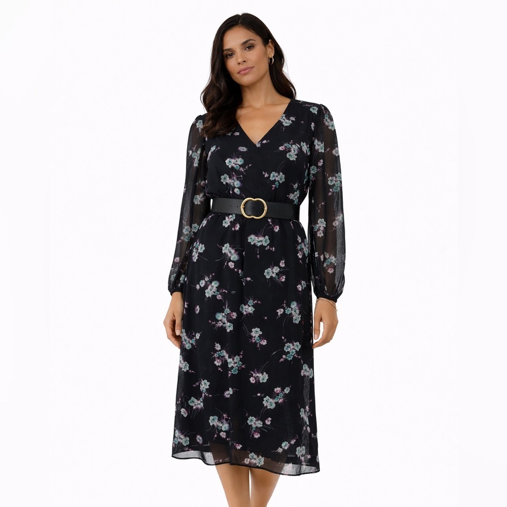 Evan Picone Black Label Floral Midi Dress Sheer Sleeves V-Neck Size 4